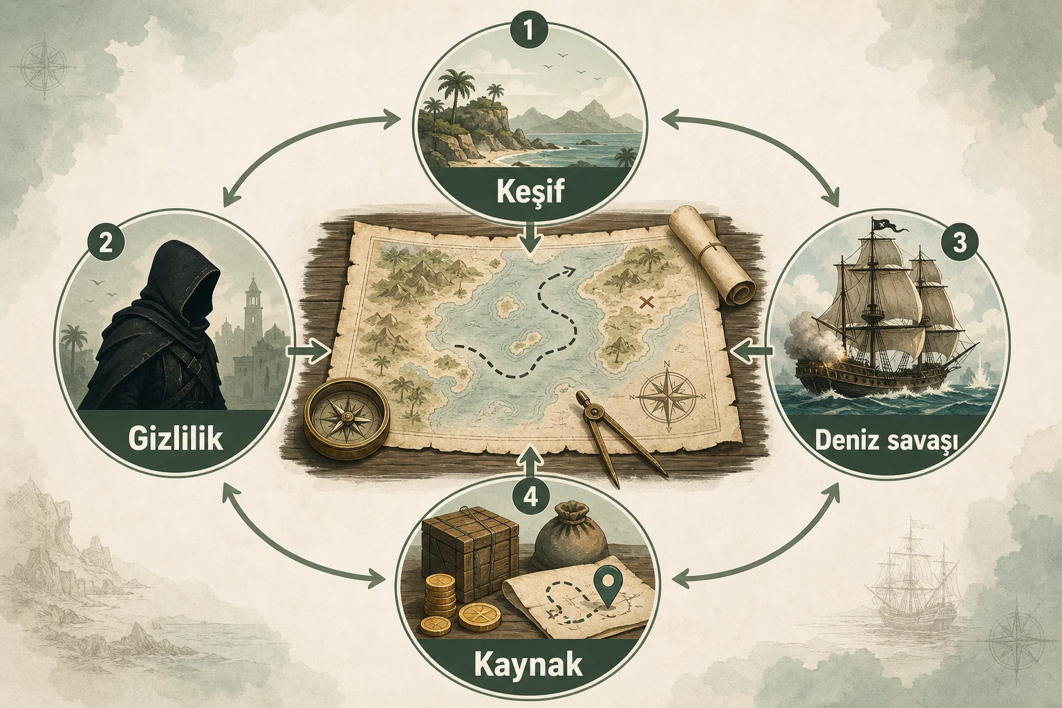 İnfografik: Oyun özellikleri ve oynanış yapısı - Assassin’s Creed Black Flag Resynced Türkçe Yama Kurulumu, Güncelleme ve Sorun Çözümleri