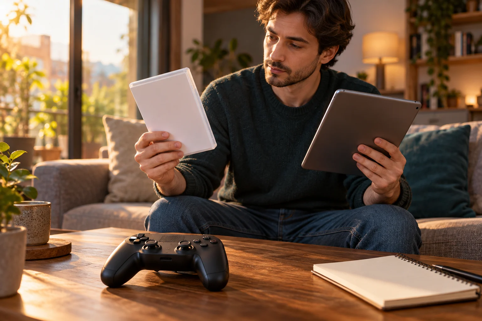 Oyun kolu, yazısız oyun kutusu ve tablet bulunan ev ortamı; dil ve sürüm kontrolü için temsili AI görseli.