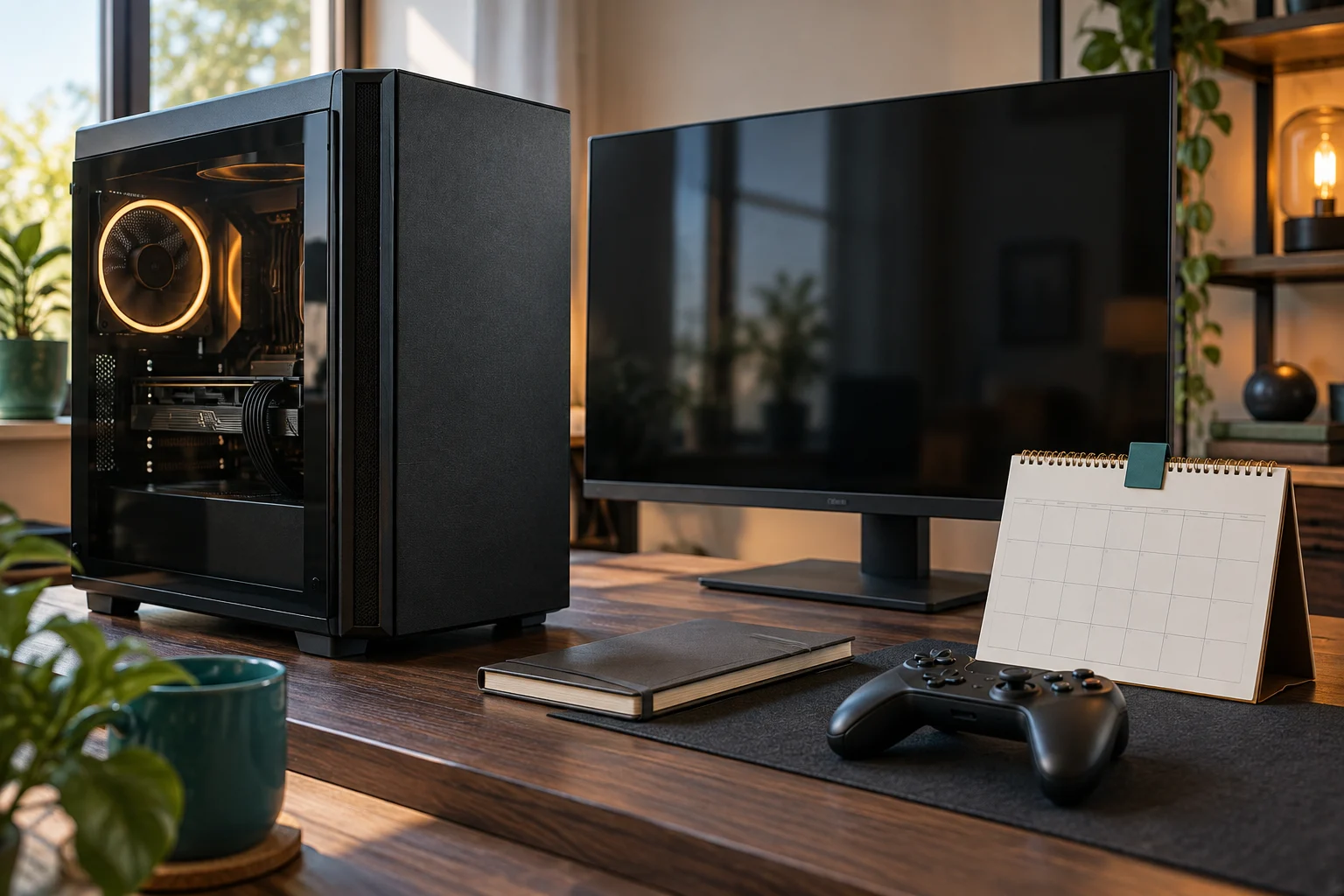Yapay zekâ ile üretilmiş editoryal görsel: oyun görüntüsü olmayan bir PC masası, boş takvim ve kontrol cihazı