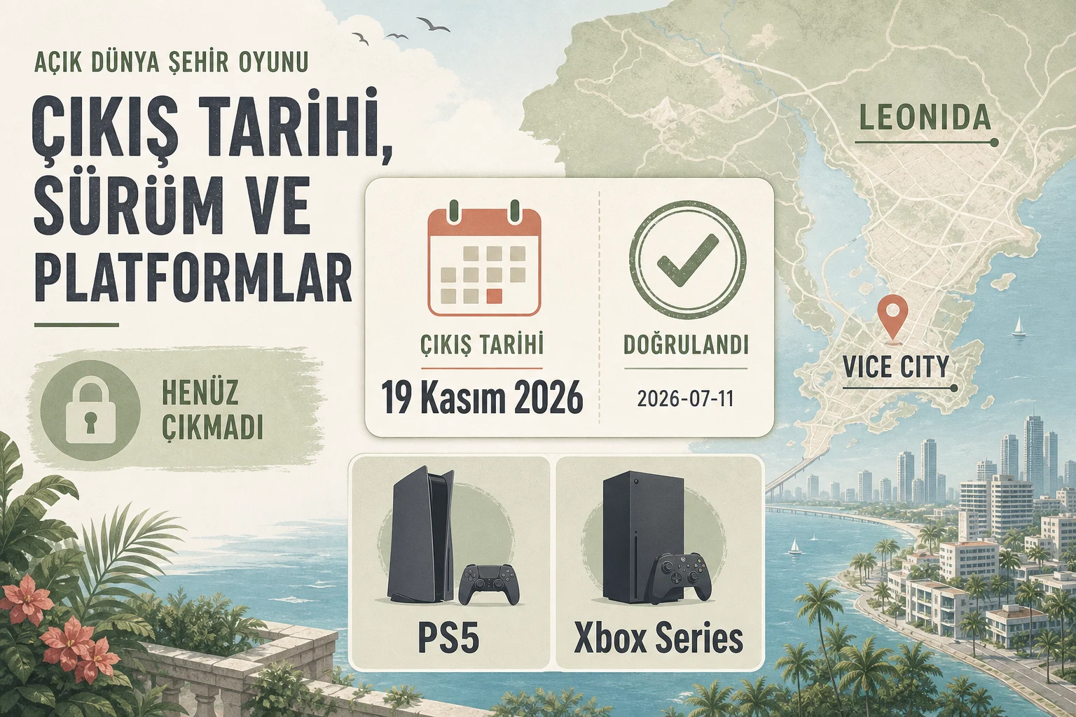 İnfografik: 3. Çıkış durumu, sürüm ve platformlar - GTA VI Vice City ve Leonida Rehberi: Resmî Olarak Gösterilen Bölgeler