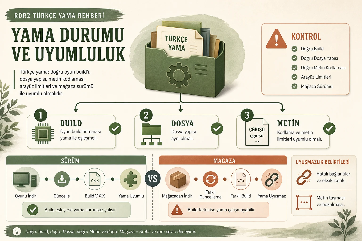 İnfografik: Yama durumu ve uyumluluk - RDR2 Türkçe Yama Rehberi: Güncel Durum, Sürüm Uyumluluğu ve Güvenlik