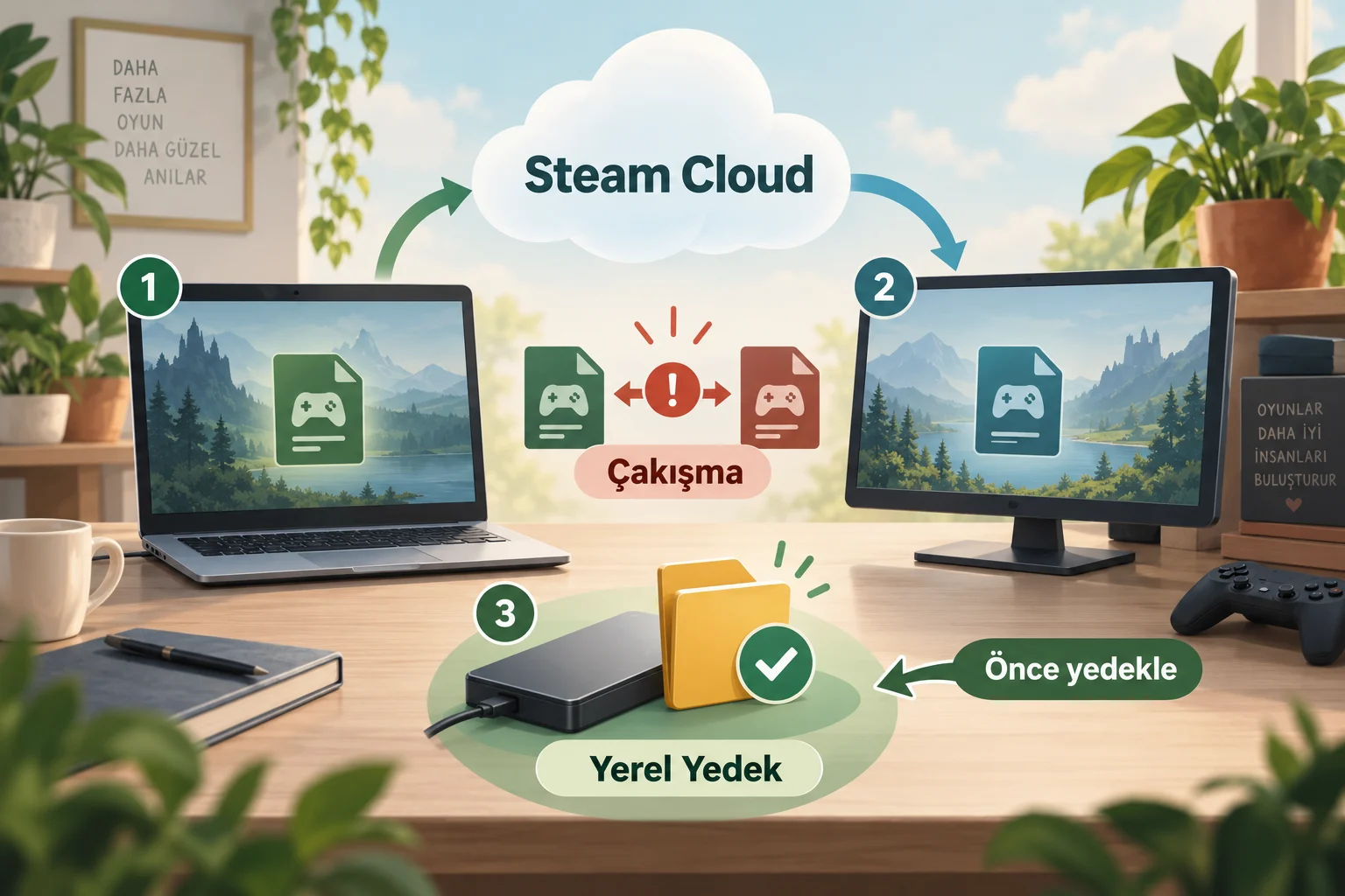 İnfografik: Steam Cloud kayıtları nasıl çalışır ve neden yerel yedek gerekir? - Steam Cloud Kullanırken Türkçe Yama Öncesi Kayıt Yedeği