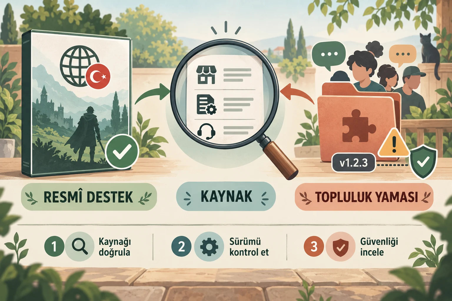 İnfografik: 2. Resmî durum ve kaynak kontrolü: Türkçe dil desteği ile topluluk yamasını ayırma - Türkçe Yama Hata Raporu Nasıl Hazırlanır?