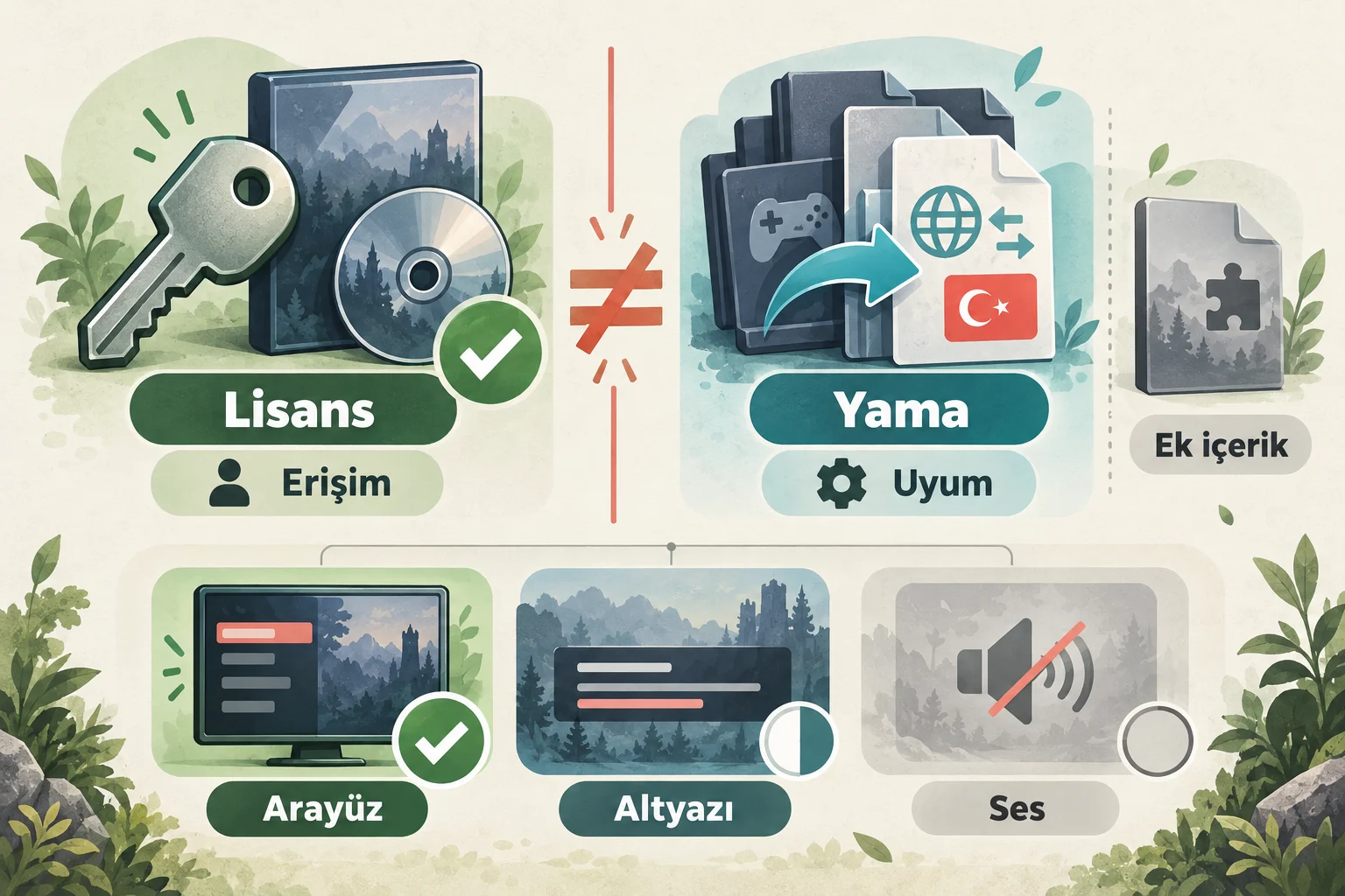 İnfografik: Temel bilgiler: Lisans ve çeviri kapsamı neden ayrıdır? - Türkçe Yama Kurulmadan Önce Lisans Kontrolü